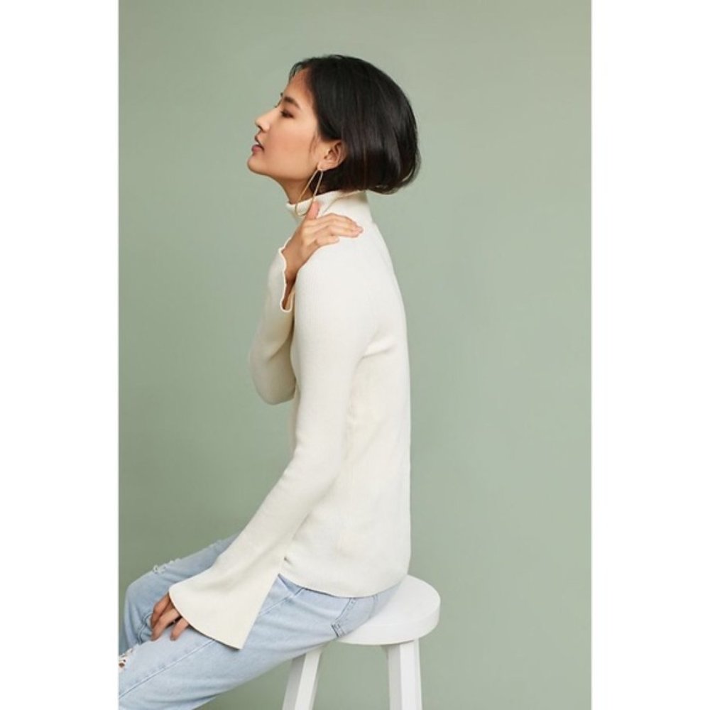 NEW! ANTHROPOLOGIE MOTH Ribbed Bell Sleeve Turtleneck Sweater in CREAM (S) - Picture 2 of 10
